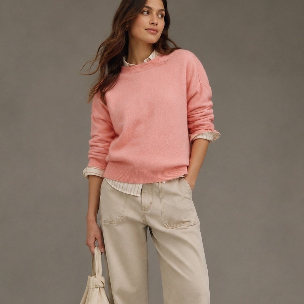 Pilcro 100% Cashmere Sweater Womens XS Coral Pink Crew Neck Dropped Shoulder